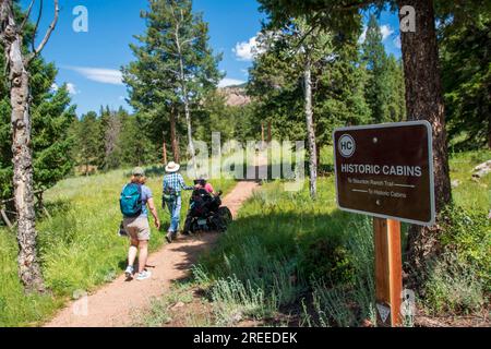 Le Staunton State Park du Colorado offre un programme de chaise de piste qui permet aux personnes handicapées d'utiliser les sentiers de randonnée dans cette partie des montagnes Rocheuses. Banque D'Images