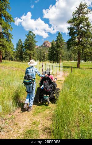 Le Staunton State Park du Colorado offre un programme de chaise de piste qui permet aux personnes handicapées d'utiliser les sentiers de randonnée dans cette partie des montagnes Rocheuses. Banque D'Images