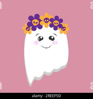Drôle mignon fantôme de bande dessinée. L'image d'un esprit avec des fleurs sur la tête Illustration de Vecteur