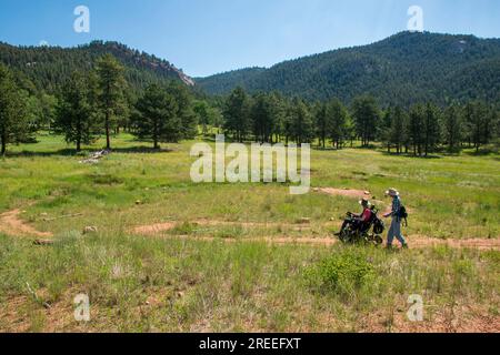 Le Staunton State Park du Colorado offre un programme de chaise de piste qui permet aux personnes handicapées d'utiliser les sentiers de randonnée dans cette partie des montagnes Rocheuses. Banque D'Images