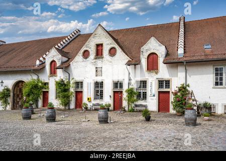 Anciennes granges de monastère sur la place du monastère de l'ancienne abbaye bénédictine, Rheinau, Andelfingen, Canton Zurich, Suisse Banque D'Images