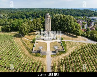 Vue aérienne de la tour Bismarck sur le Raiteberg dans la partie nord de la ville de Constance, vignobles sur le lac de Constance, comté de Constance Banque D'Images