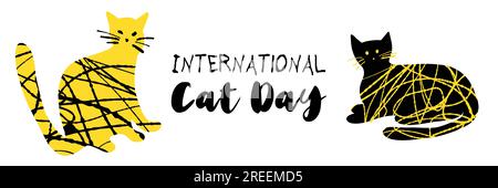 Illustration de la Journée internationale du chat avec des chats mignons texturés de couleur jaune noir Illustration de Vecteur