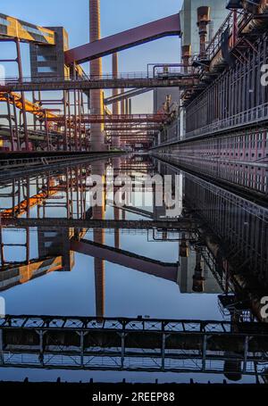 Cokerie de Zollverein à la mine de Zollverein, ponts à bande transporteuse, cheminées, batteries de fours à coke reflétées dans l'eau de pluie qui s'y est accumulée Banque D'Images