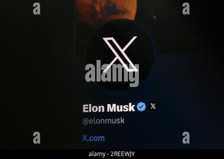Image symbolique des médias sociaux, gros plan d'un écran sombre avec le logo X dans le compte d'Elon Musk sur le site du service de messages courts Twitter, Allemagne Banque D'Images