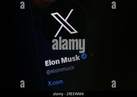 Image symbolique des médias sociaux, gros plan d'un écran sombre avec le logo X dans le compte d'Elon Musk sur le site du service de messages courts Twitter, Allemagne Banque D'Images
