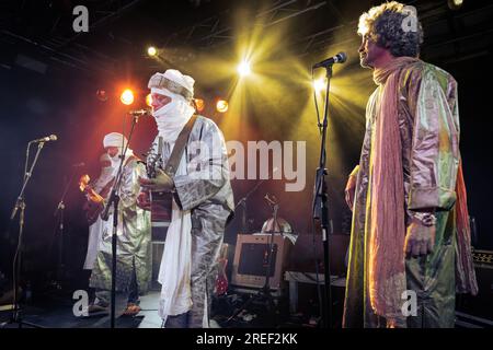 Ibrahim AG Alhabib jouant du blues du désert avec le groupe touareg Tinariwen (Stockholm 2023) Banque D'Images