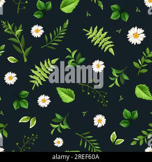 Motif floral avec de petites fleurs de Marguerite blanche et des feuilles vertes sur un fond noir. Imprimé floral sans couture vectoriel Illustration de Vecteur