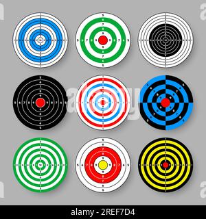Cibles en papier du champ de tir. Cible ronde avec divisions, marques et numéros. Tir à l'arc, entraînement au tir à l'arme à feu, compétition sportive et Illustration de Vecteur