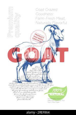 Affiche publicitaire de magasin de viande de ferme naturelle avec croquis de chèvre vintage. Imprimé rétro du marché de boucherie. Modèle de typographie créative d'étiquette de bouchery. Plaque de produit domestique gravure illustration dessinée à la main. EPS Illustration de Vecteur