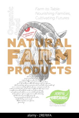 Affiche de magasin de produits agricoles naturels. Tête de chèvre de croquis vintage et texte publicitaire. Imprimé rétro du marché fermier. Butchery étiquette design typographique créatif. Gravure d'œuvres d'art de dessin de bétail. Vecteur eps Illustration de Vecteur