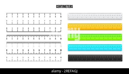Règles métalliques réalistes avec échelle en centimètres noirs pour mesurer la longueur ou la hauteur. Diverses échelles de mesure avec divisions. Règle, mètre à ruban Illustration de Vecteur