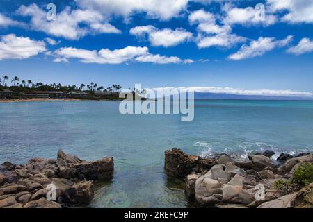 Vue depuis la côte de tje Napili jusqu'à Lanai. Banque D'Images