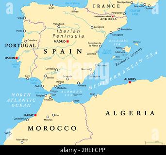 Méditerranée occidentale, carte politique. Péninsule ibérique, bordée par l'Atlantique Nord et la mer Méditerranée, séparée de l'Afrique par le détroit de Gibraltar. Banque D'Images