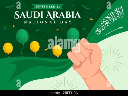 Bonne illustration vectorielle de fête nationale de l'Arabie saoudite le 23 septembre avec le fond de drapeau ondulant dans les modèles de page d'atterrissage dessinés à la main de dessin animé plat Illustration de Vecteur