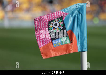 Wellington, Nouvelle-Zélande. 27 juillet 2023. Vue d'ensemble du logo de la coupe du monde féminine de la FIFA, Australie et Nouvelle-Zélande 2023 sur un drapeau d'angle, 27 juillet 2023 - football/football : Logo de la coupe du monde féminine de la FIFA Australie & Nouvelle-Zélande 2023 sur un drapeau du coin avant le match de la coupe du monde féminine de la FIFA Australie & Nouvelle-Zélande 2023 Groupe E entre les États-Unis et les pays-Bas au stade régional Wellington à Wellington, en Nouvelle-Zélande. Crédit : AFLO/Alamy Live News Banque D'Images