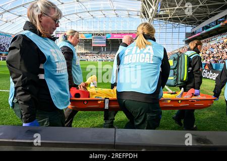 Dunedin, Nouvelle-Zélande. 28 juillet 2023. Refiloe Jane d'Afrique du Sud est blessée lors du match de groupe G entre l'Argentine et l'Afrique du Sud à la coupe du monde féminine de la FIFA, Australie et Nouvelle-Zélande 2023 à Dunedin, Nouvelle-Zélande, le 28 juillet 2023. Crédit : Zhu Wei/Xinhua/Alamy Live News Banque D'Images