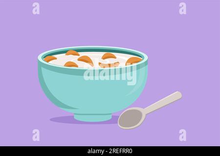 Dessin de style plat de dessin animé bol stylisé de petit déjeuner de céréales avec du lait frais. Concept de nourriture de blé entier sain. Nutrition alimentaire santé. Pour flyer, icône Banque D'Images