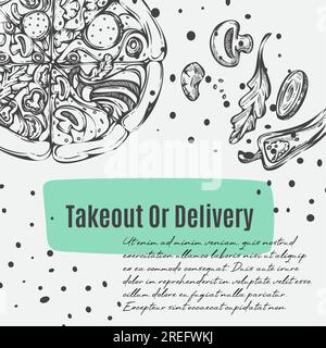 Pizzeria ou restaurant, café ou bistro proposant des pizzas à emporter. Recette classique avec viande et légumes. Bannière promotionnelle ou affiche avec réductions Illustration de Vecteur