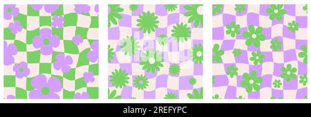 Motif floral Y2K. Damier groovy avec Marguerite. Fonds floraux ondulés sans couture. Ensemble de papier peint funky esthétique vintage abstrait. Vecteur mignon Illustration de Vecteur