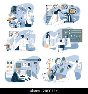 Équipes de scientifiques et de chercheurs travaillant sur des découvertes en laboratoire ou en clinique. Chimiste et physicien, médecin avec analyse de scanner de cerveau, génétique A. Illustration de Vecteur