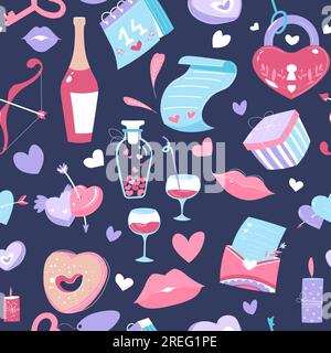 Bouteille de vin et verres, biscuits en forme de coeurs. Cadenas et bougies aromatiques, lèvres embrassantes et lettre d'amour avec expression de sentiments. Saint Illustration de Vecteur