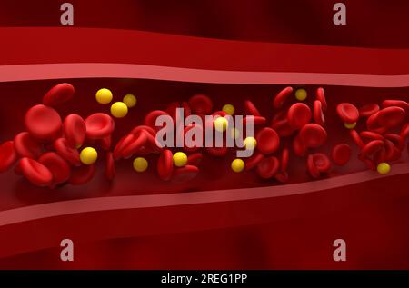 Taux normal de LDL (lipoprotéines) - cholestérol et flux gr dans le vaisseau sain vue en gros plan illustration 3D. Banque D'Images