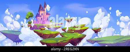 Château fantastique sur l'île flottante dans le paysage de dessin animé de ciel. Tour magique de royaume volant de conte de fées dans la scène de rêve d'imagination paradis. Paysage vert et rocheux d'été avec le vecteur de jeu d'interface utilisateur de plate-forme Boulder Illustration de Vecteur