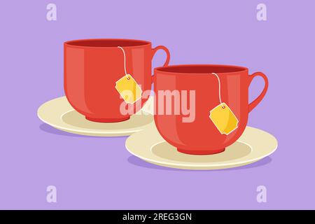 Dessin de style plat de dessin animé tasse de thé stylisée avec l'icône de thé et de verres de boisson, flyer, autocollant, symbole. Concept de logo de magasin de thé Emblem pour café et Banque D'Images