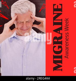 Texte de la semaine de sensibilisation à la migraine sur rouge avec homme caucasien âgé en détresse tenant la tête dans la douleur Banque D'Images