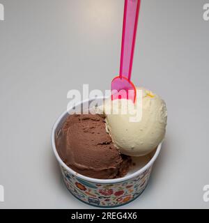 Une cuillère de crème glacée au chocolat et une cuillère de crème glacée à la vanille dans un gobelet en papier avec une cuillère en plastique rose clair sur fond blanc. Banque D'Images