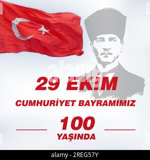 Joyeux 100e anniversaire du jour de la République du 29 octobre, célébration de la bannière du jour de la République de Turquie. Banque D'Images