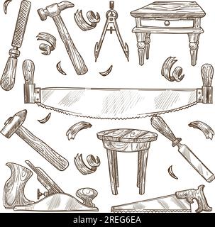 Outils et instruments pour le travail dans le domaine de la menuiserie, scie et marteau isolés, table et machines pour la coupe.Profession et technologie de l'industrie pour Illustration de Vecteur