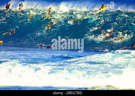 Body surfers et boarders affluent sur la vague massive sur la rive nord d'Oahu. Banque D'Images