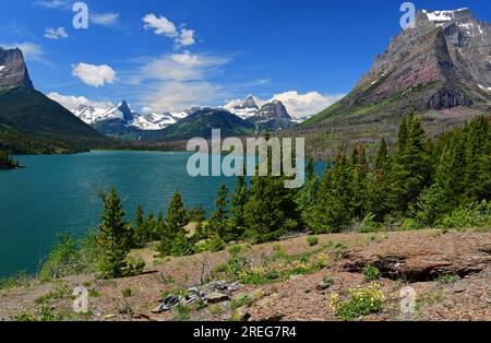 panorama spectaculaire de la montagne de fusillade et de la crête de gunsight du sentier de point de soleil dans le parc national de glacier, montana Banque D'Images