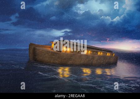L'arche de Noé flotte sur l'eau agitée par temps pluvieux orageux au crépuscule - rendu 3D. Banque D'Images