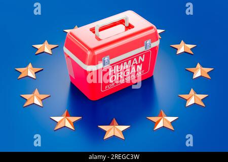 Réfrigérateur portable pour le transport d'organes de donneurs sur le drapeau de l'Union européenne. Rendu 3D. Banque D'Images