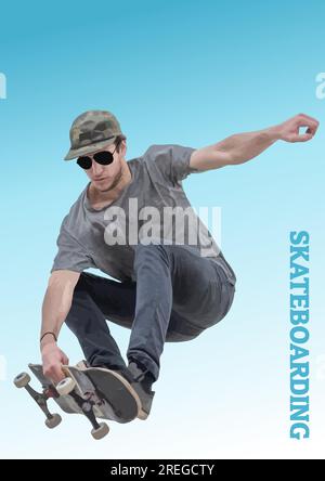 Un homme de skater se déplace sur un skateboard à la rampe du parc de skate. illustration de 3d couleurs vectorielles. Illustration de Vecteur