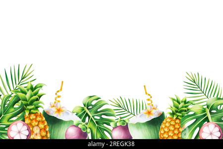 Cadre tropical aquarelle avec cocktail de noix de coco, mangoustan, ananas et monstera et feuilles de palmier. Illustrations de fruits mûrs isolées sur le dos blanc Banque D'Images