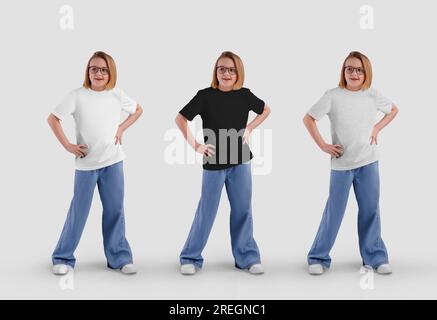 Maquette d'un T-shirt blanc, noir, chiné sur une fille en jeans, lunettes, plein, isolé sur le fond. Ensemble de vêtements pour la conception. Modèle d'un élégant Banque D'Images