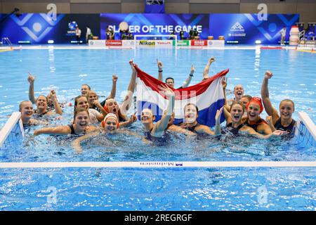 Fukuoka, Japon. 28 juillet 2023. FUKUOKA, JAPON - 28 JUILLET : après le match de water-polo féminin entre les pays-Bas et l'Espagne le jour 15 des Championnats du monde de natation de Fukuoka 2023 au Marine Messe Fukuoka Hall B le 28 juillet 2023 à Fukuoka, Japon. (Photo Nikola Krstic/Agence BSR) crédit : Agence BSR/Alamy Live News Banque D'Images