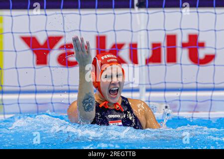 Fukuoka, Japon. 28 juillet 2023. FUKUOKA, JAPON - JUILLET 28 : Laura Aarts, des pays-Bas, célèbre le match pour la médaille d'or de Waterpolo féminin des Championnats du monde aquatiques 2023 entre les pays-Bas et l'Espagne le 28 juillet 2023 à Fukuoka, Japon (photo Albert Ten Hove/Orange Pictures) crédit : Orange pics BV/Alamy Live News Banque D'Images