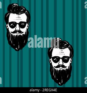 Motif sans couture dessiné à la main avec les visages masculins hommes inblack blanc sur fond vert sarcelle rayé. Masculin rétro design vintage minimaliste pour le cadeau mari barbiers, barbe moustache lunettes mode tendance Banque D'Images