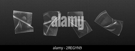 Etiquette autocollante en plastique transparente transparente à large conduit. Maquette vectorielle 3D de texture de papier réaliste adhésive. Jeu de gabarits de maquette de pièce de recouvrement de colle collante. Vieux scotch avec bulle d'air et icône de rides Illustration de Vecteur