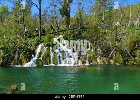 Cascade se jetant dans un lac aux lacs de Plitvice dans le comté de Lika-Senj, Croatie avec des gens sur la passerelle ci-dessus Banque D'Images