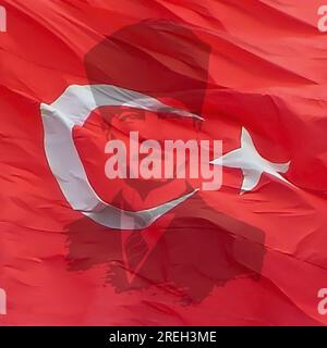 Drapeau turc sur la conception de fond de bannière de silhouette Ataturk pour la fête nationale de la Turquie Banque D'Images