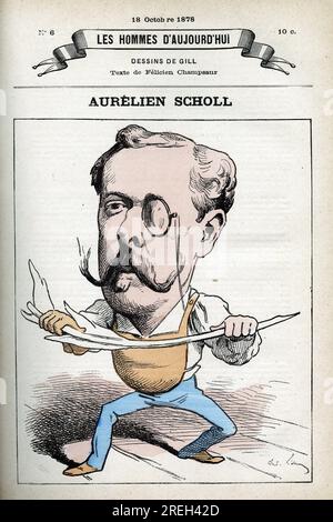 Portrait de Aurelien Scholl (1833-1902), journaliste, ecrivain, et humoriste francais. Caricature de Gill, Paris. Banque D'Images