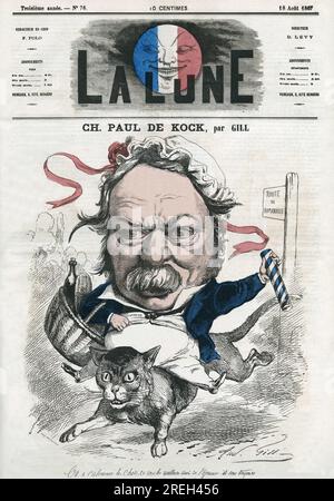 Portrait de Charles Paul de Kock (1793-1871), romancier populaire francais. Caricature par Gill, dans 'la Lune', le 18 aout 1867. Banque D'Images