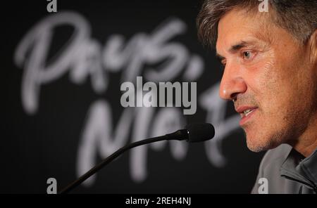 Charleroi, Belgique. 28 juillet 2023. L'entraîneur-chef de Charleroi Felice Mazzu photographié lors d'une conférence de presse de l'équipe belge de football Sporting Charleroi, vendredi 28 juillet 2023 à Charleroi, pour discuter du début de la compétition nationale. BELGA PHOTO VIRGINIE LEFOUR crédit : Belga News Agency/Alamy Live News Banque D'Images