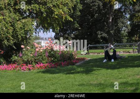 28 juillet 2023/vue d'Orstedparken d'après le nom de Hans Christian Orsted fleurs et gens marchent à Orsetedparken à Copenhague Danemark. (Photo.Francis Joseph Dean/Dean Pictures) Banque D'Images